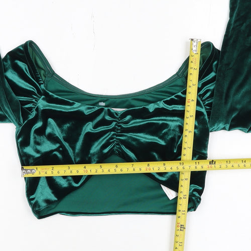 Oh Polly Women's Green Velvet Cropped Blouse Size 8 Long Sleeve