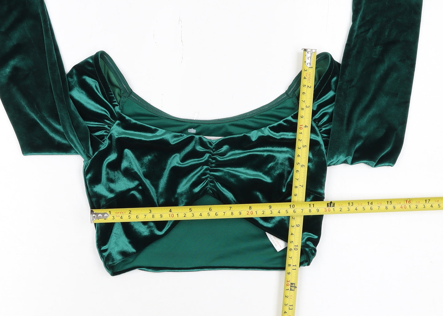 Oh Polly Women's Green Velvet Cropped Blouse Size 8 Long Sleeve