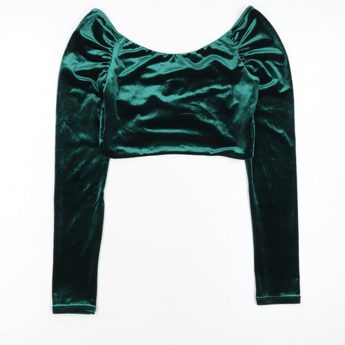 Oh Polly Women's Green Velvet Cropped Blouse Size 8 Long Sleeve