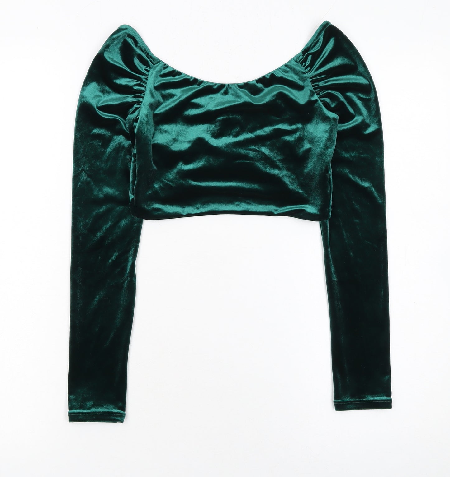 Oh Polly Women's Green Velvet Cropped Blouse Size 8 Long Sleeve