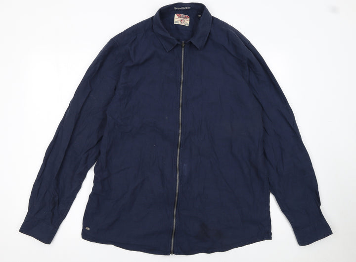 Tokyo Laundry Men's Blue Cotton Zip-Up Long Sleeve Shirt XL