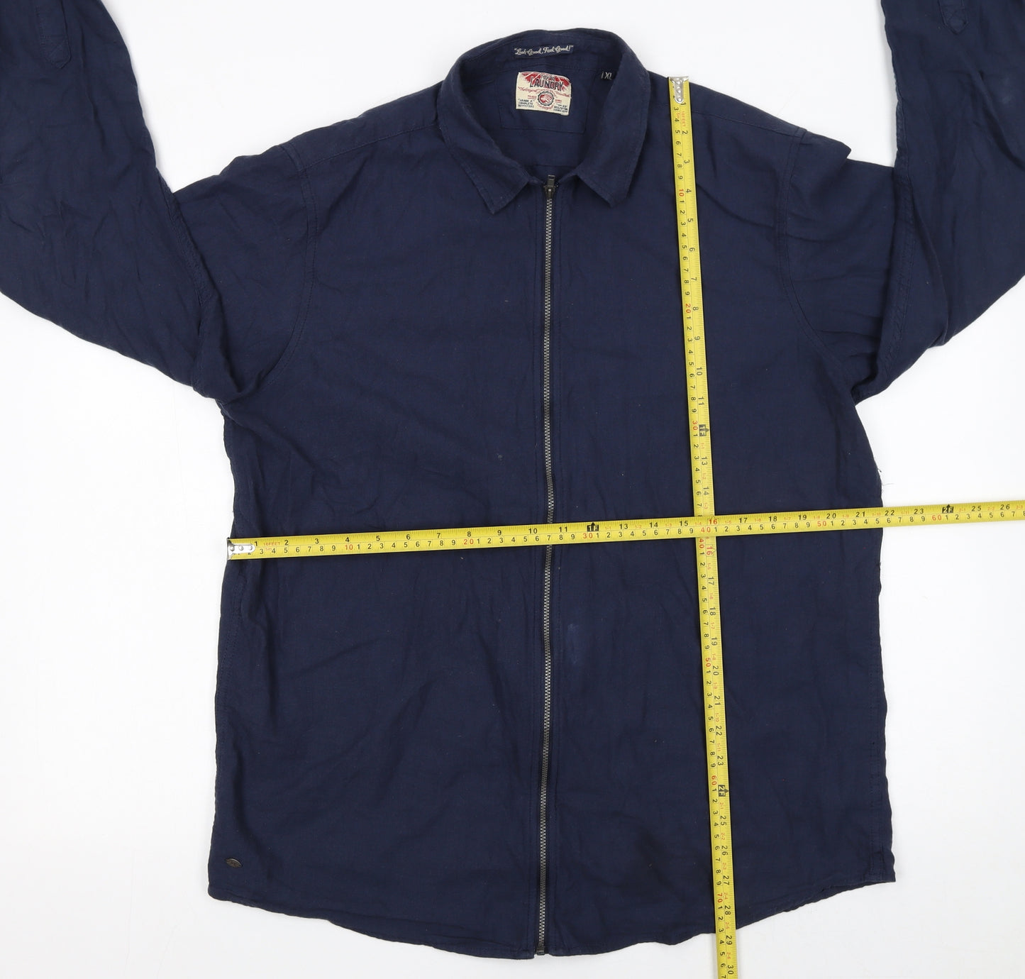 Tokyo Laundry Men's Blue Cotton Zip-Up Long Sleeve Shirt XL