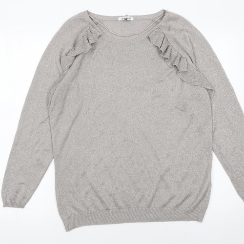 Damart Women Silver Long Sleeve Ruffle Knit Pullover Jumper L