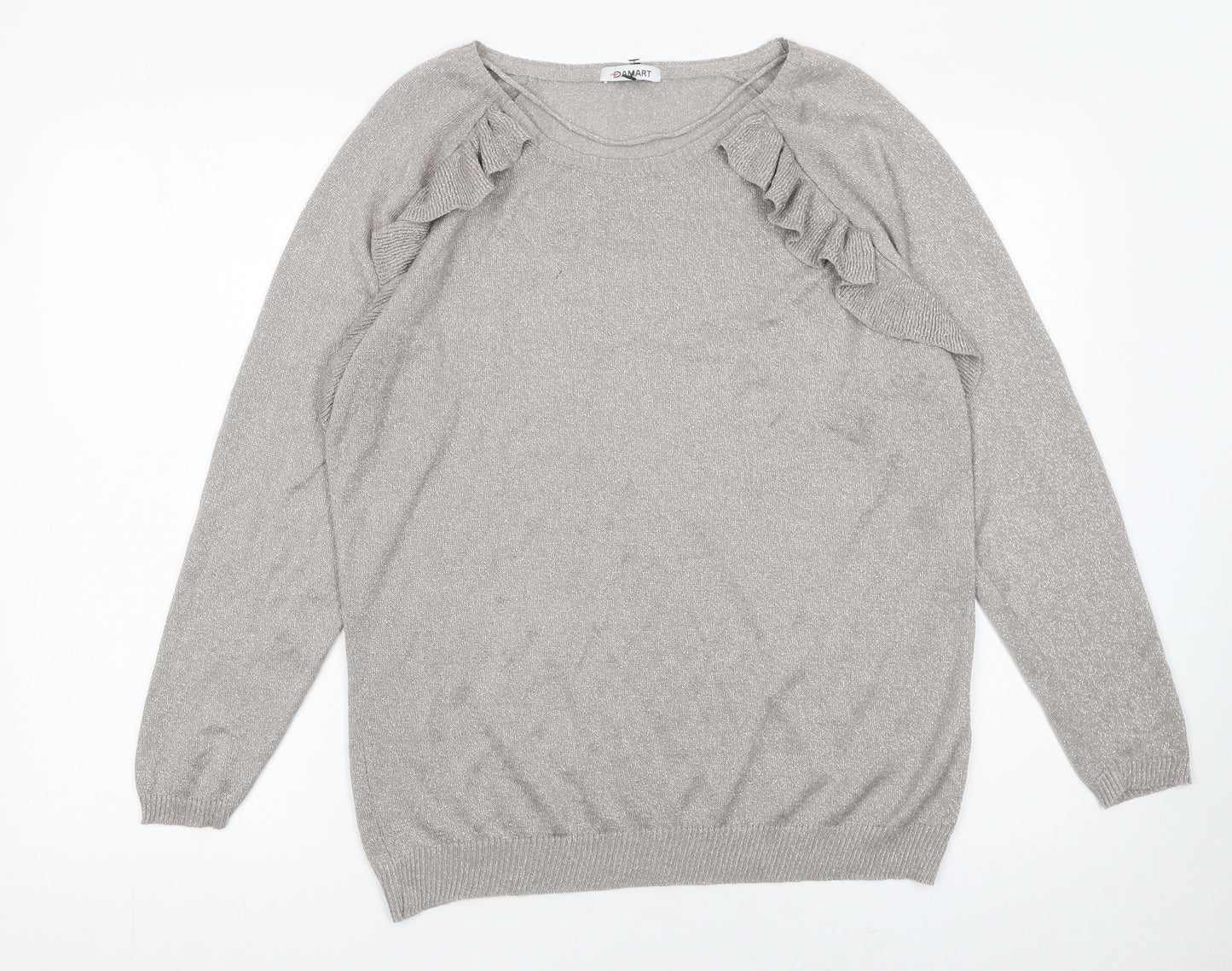 Damart Women Silver Long Sleeve Ruffle Knit Pullover Jumper L