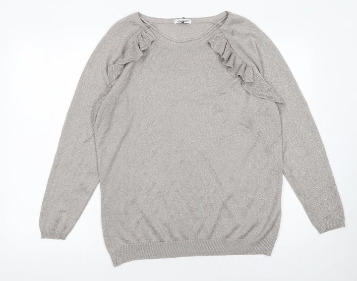 Damart Women Silver Long Sleeve Ruffle Knit Pullover Jumper L