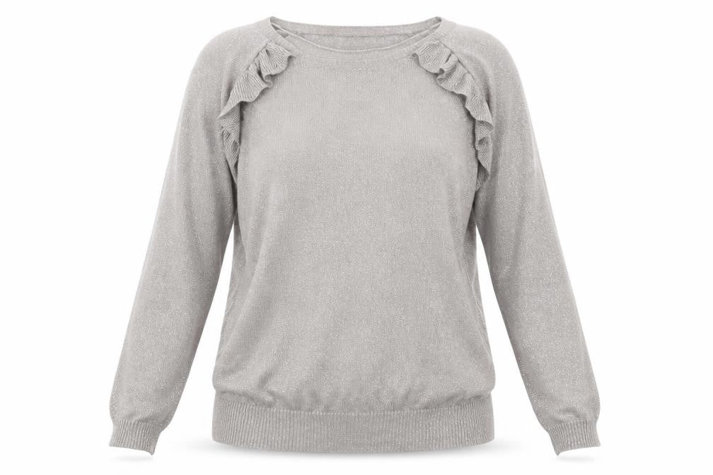 Front view of Damart Women Silver Long Sleeve Ruffle Knit jumper L