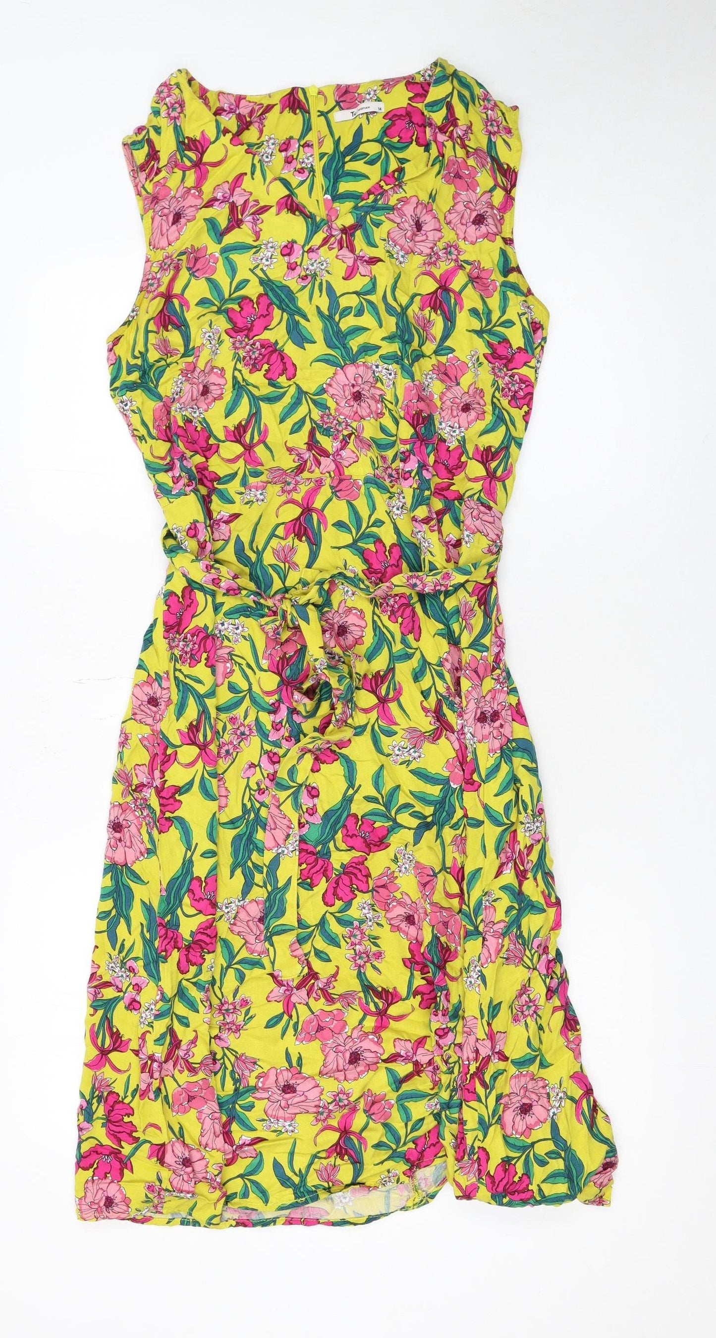 Tu Womens Yellow Floral Sleeveless A-Line Dress Size 14