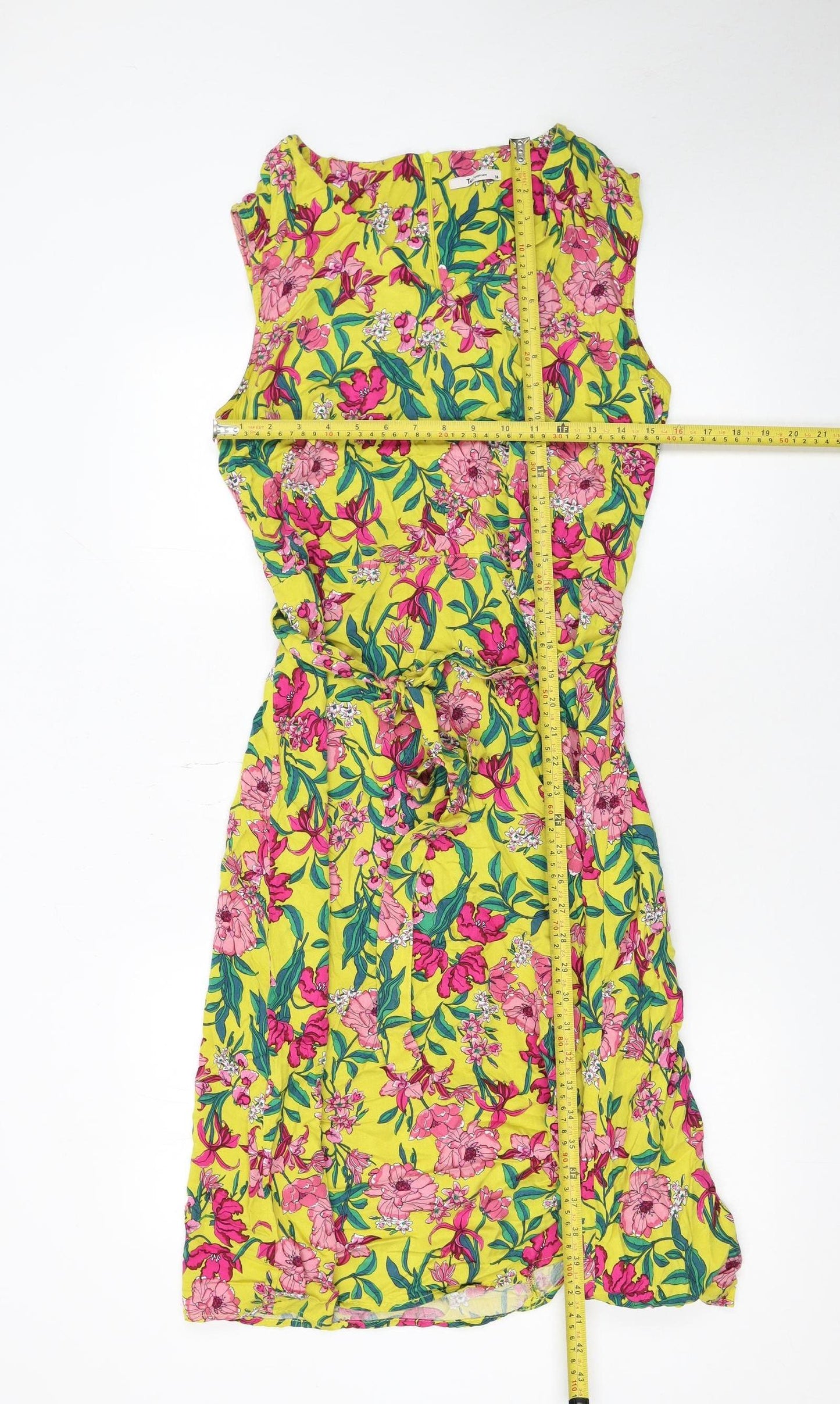 Tu Womens Yellow Floral Sleeveless A-Line Dress Size 14