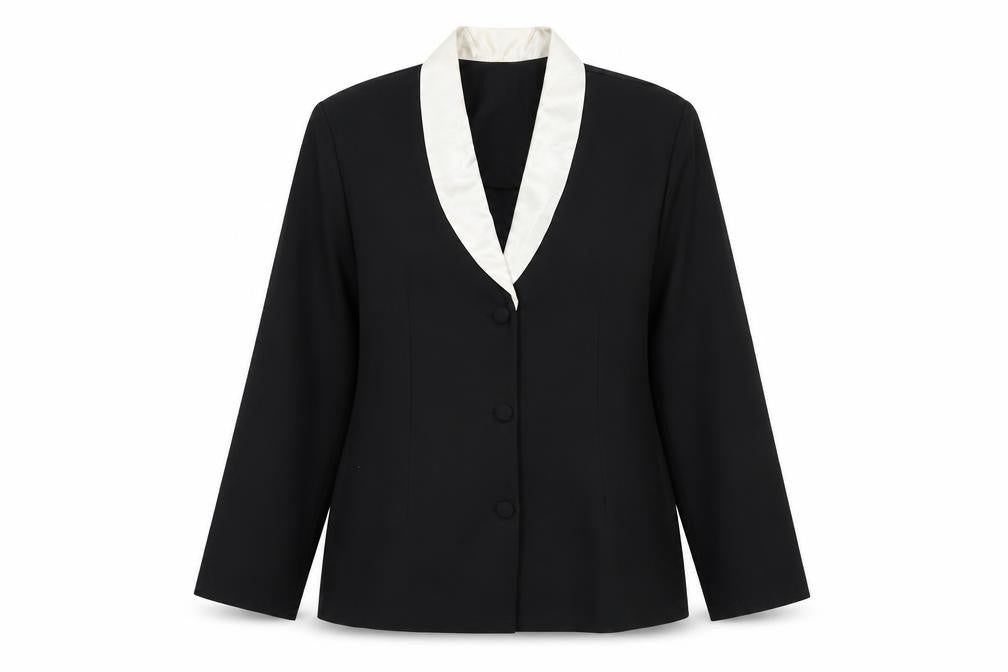 Front view of Ideal Women's Black Tuxedo Style Shawl Collar Suit Jacket, size 14