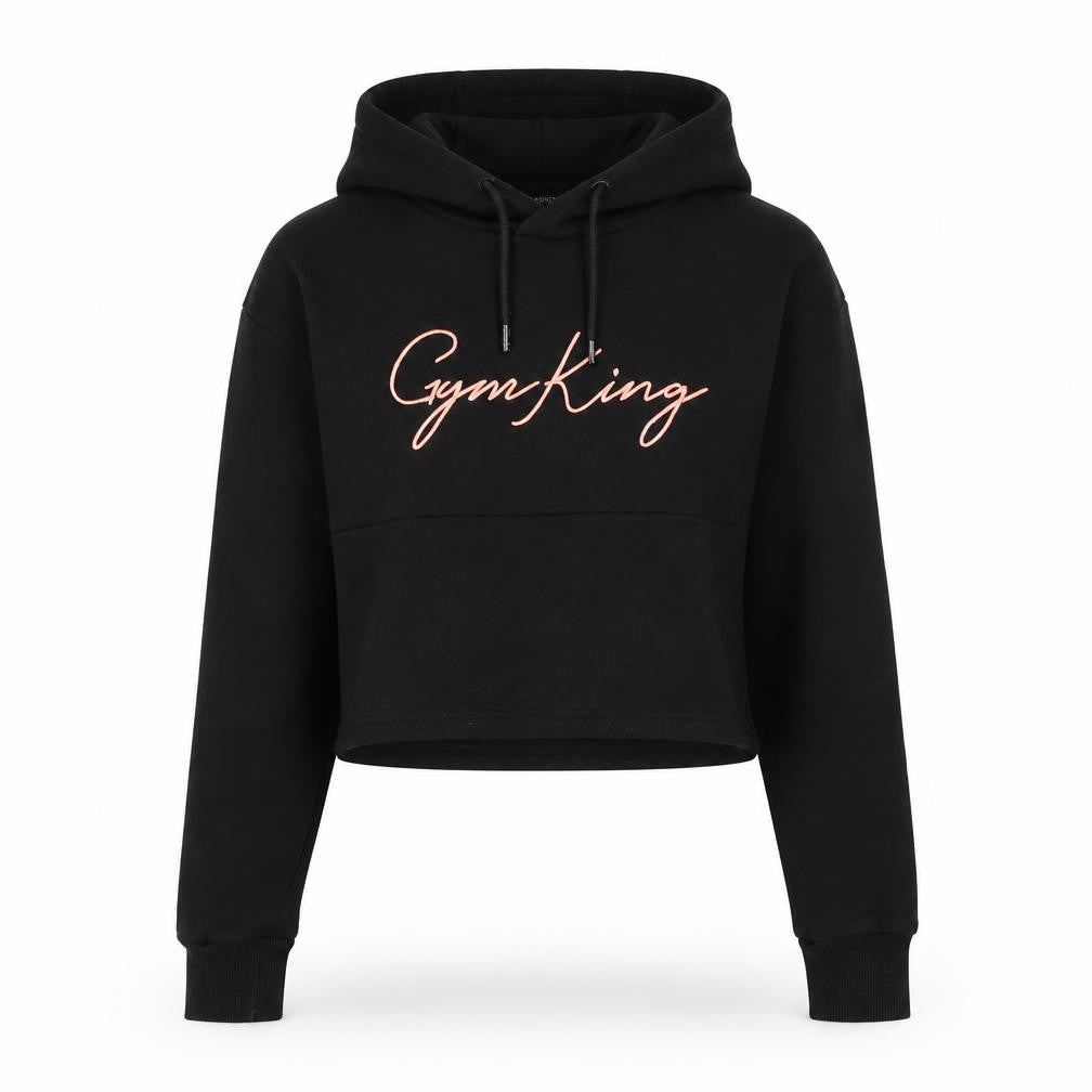 Front view of Gym King Women Black Crop Hoodie, size 8, Cotton Blend Pullover