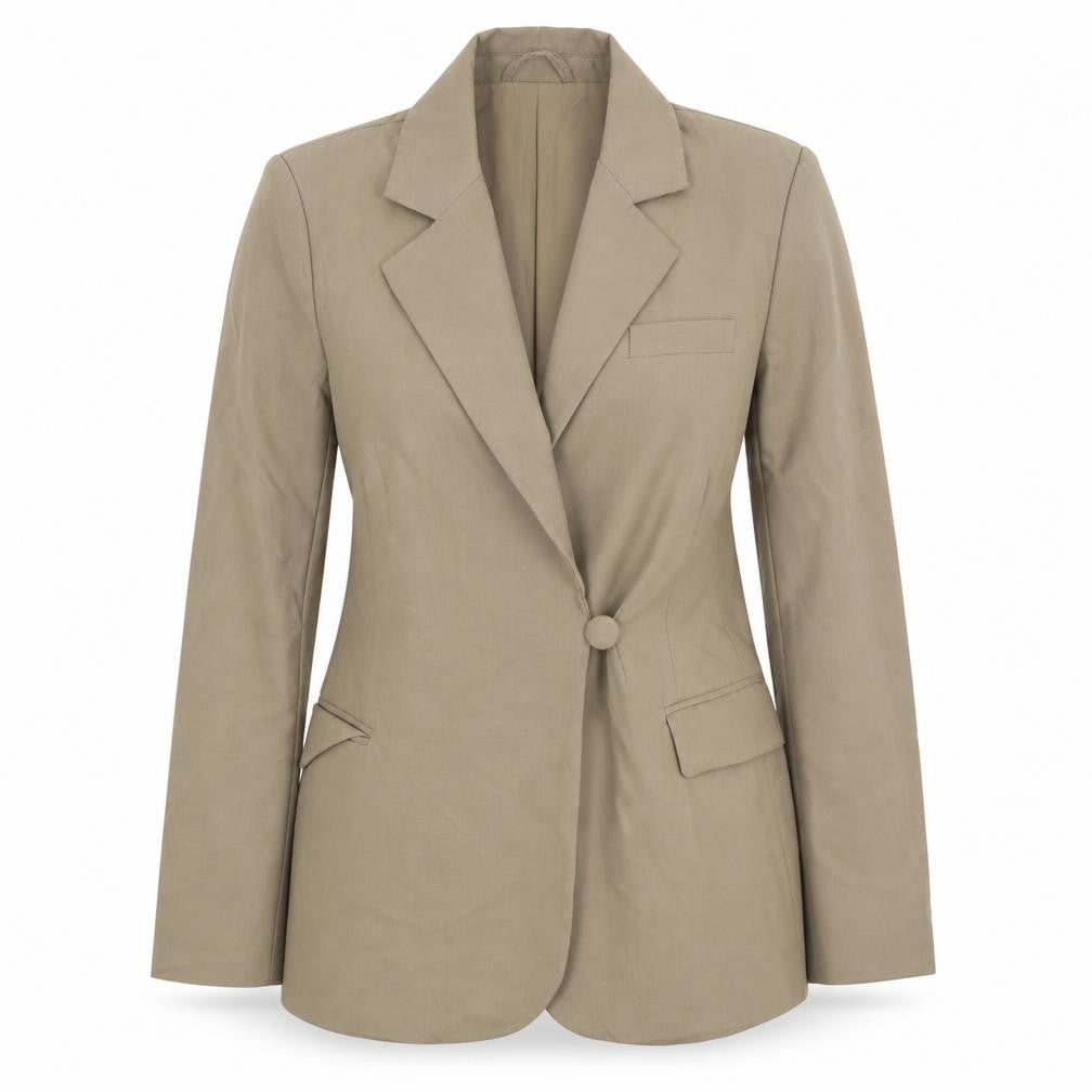 Front view of Boa Women Beige Single Breasted Blazer Jacket, size S, Wool Blend