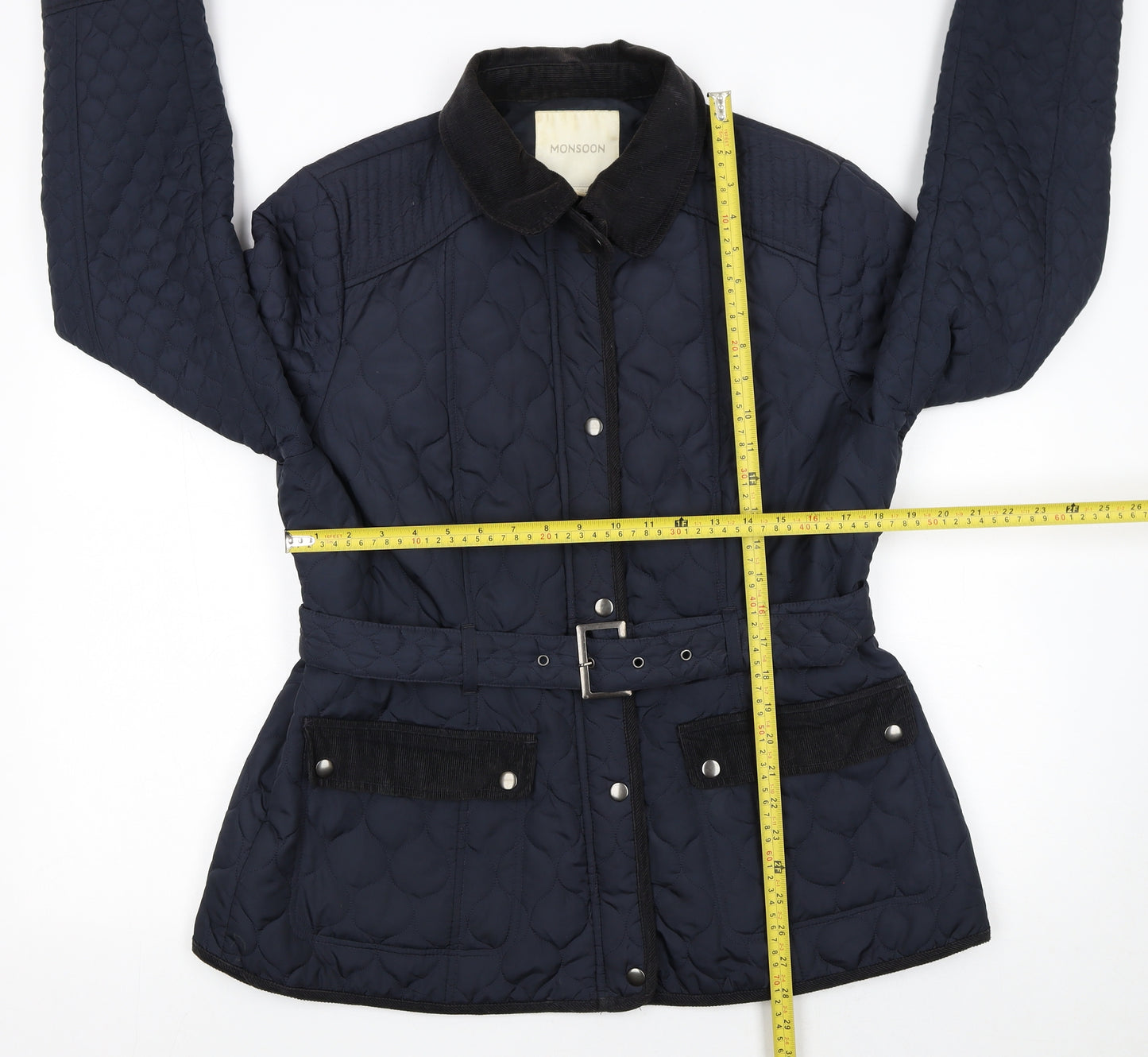 Monsoon Women's Blue Quilted Mid-Length Belted Jacket Size 18