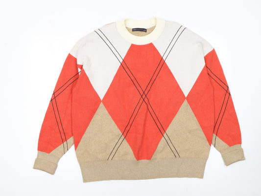 Marks and Spencer Women’s Beige Argyle Crew Neck Jumper Size L