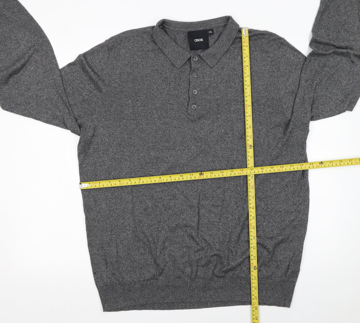 ASOS Men’s Grey Cotton Long Sleeve Polo Shirt 2XL Regular Fit