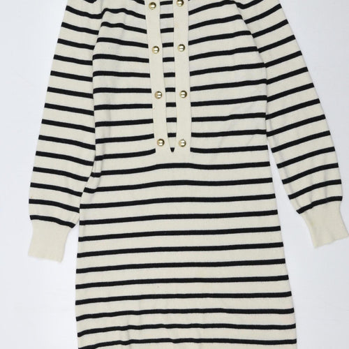 Reiss Women Black Cream Striped Long Sleeve Jumper Dress L