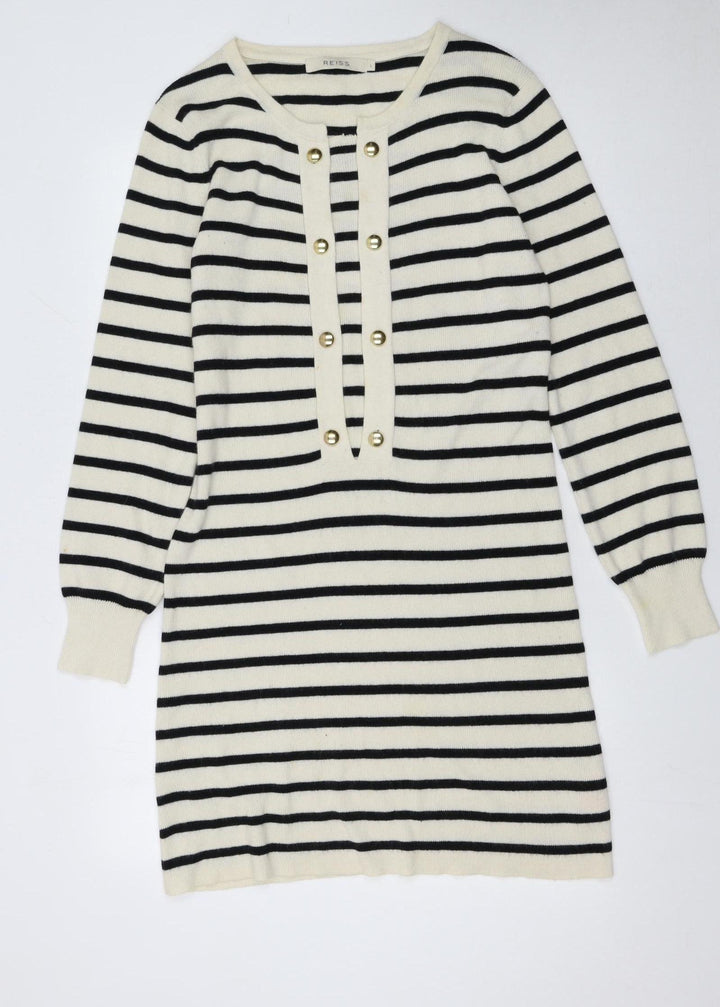Reiss Women Black Cream Striped Long Sleeve Jumper Dress L
