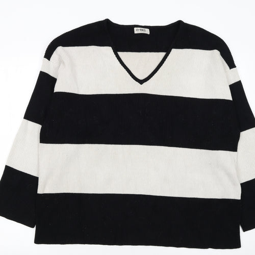 4th + Reckless Womens Black White Striped V-Neck Knit Jumper Size 20