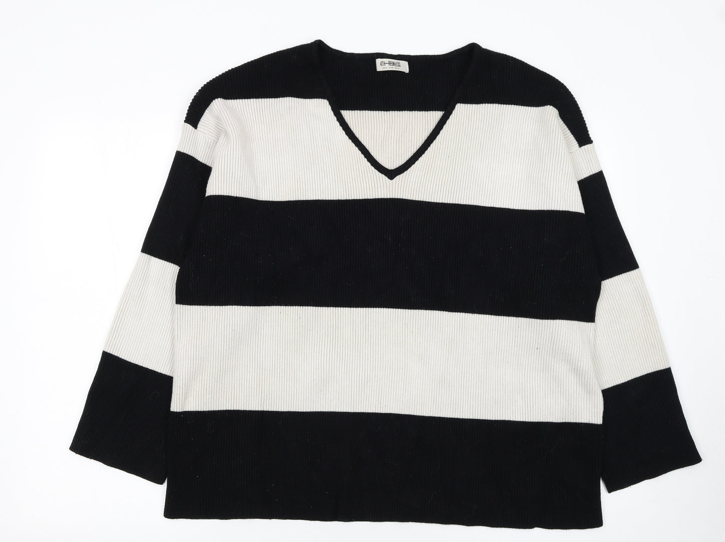 4th + Reckless Womens Black White Striped V-Neck Knit Jumper Size 20