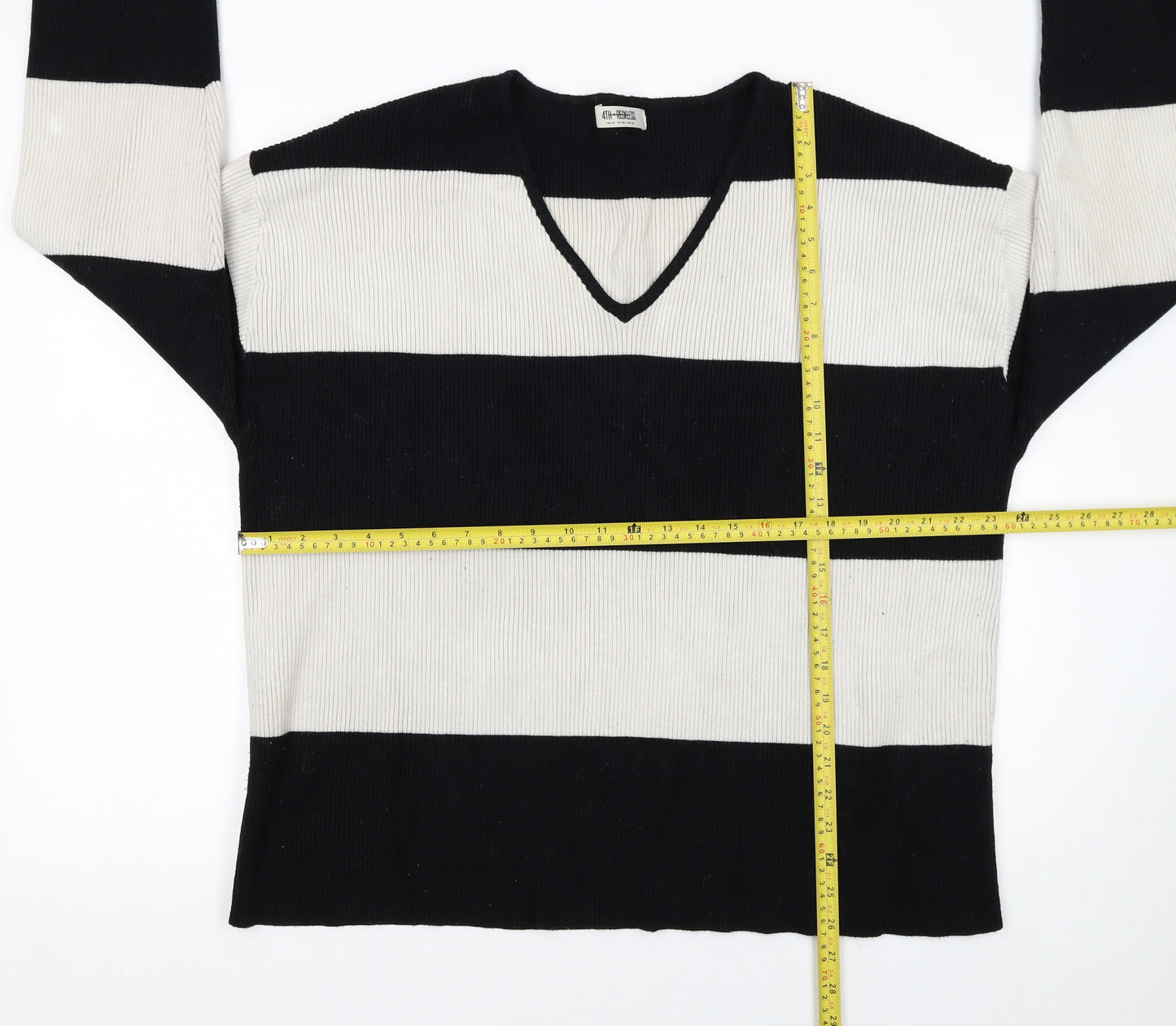 4th + Reckless Womens Black White Striped V-Neck Knit Jumper Size 20