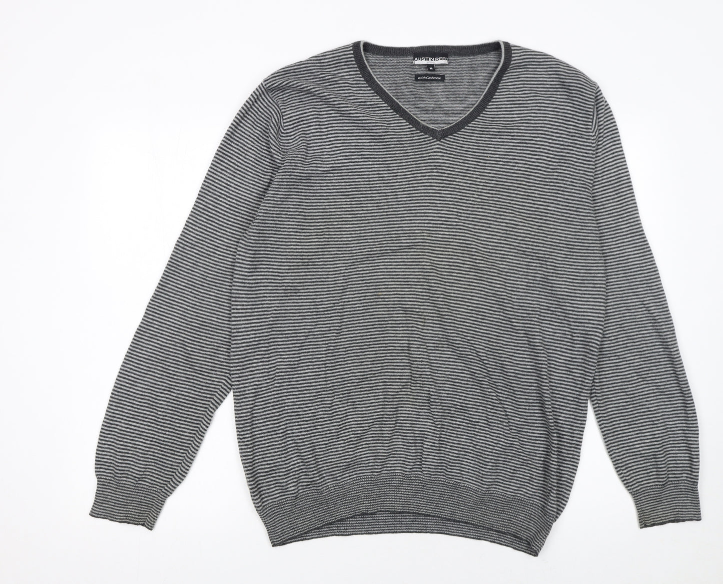 Austin Reed Men’s Grey Striped V-Neck Cashmere Blend Jumper M