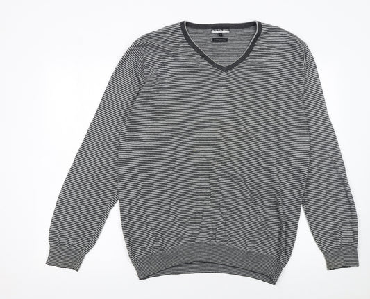Austin Reed Men’s Grey Striped V-Neck Cashmere Blend Jumper M