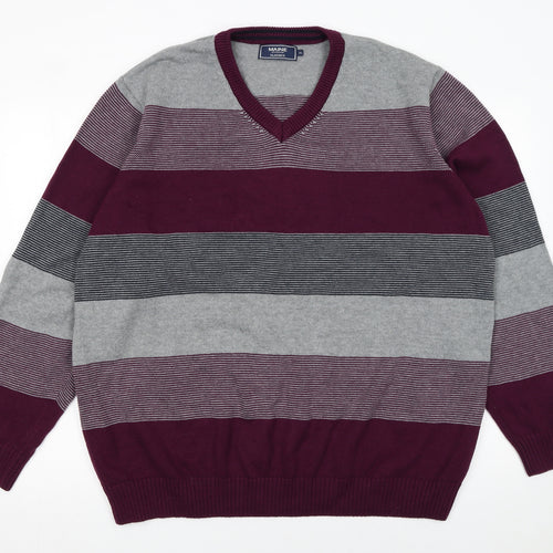 Maine New England Men’s XL Grey Stripe Cotton V-Neck Jumper