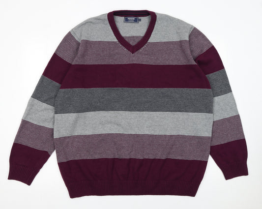 Maine New England Men’s XL Grey Stripe Cotton V-Neck Jumper