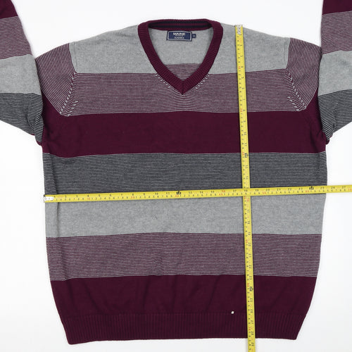 Maine New England Men’s XL Grey Stripe Cotton V-Neck Jumper