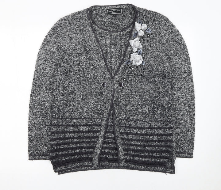 Paramour Women’s Grey Angora Blend Cardigan with Floral Embellishment Size L