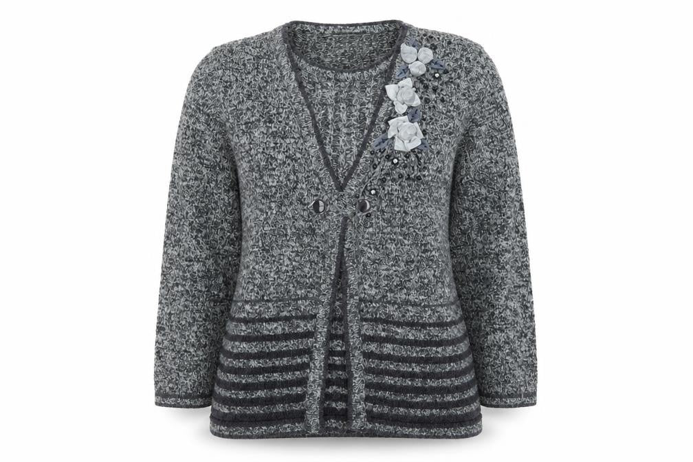 Paramour Women’s Grey Angora Blend Cardigan with Floral Embellishment Size L