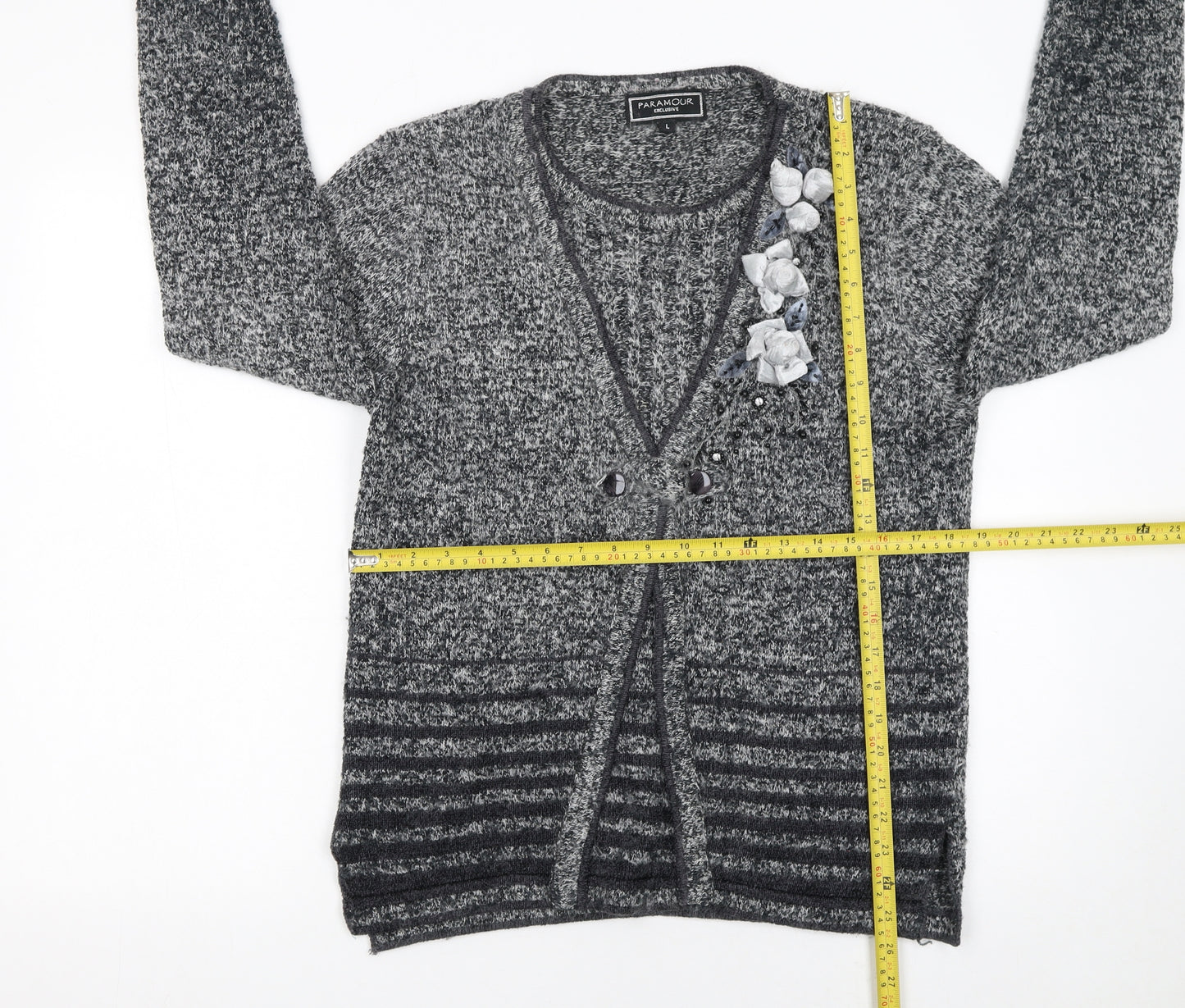 Paramour Women’s Grey Angora Blend Cardigan with Floral Embellishment Size L