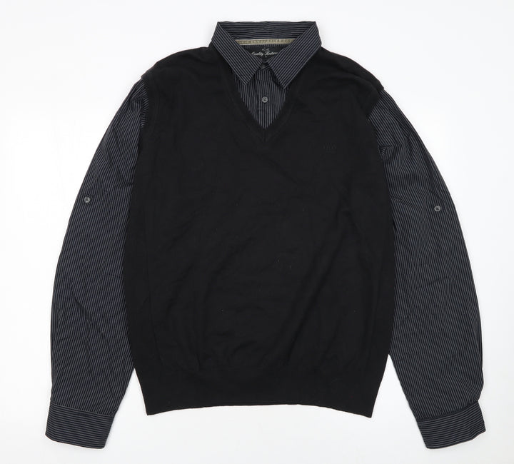 Next Men's Black V-Neck Pullover Jumper Size L Cotton Knit