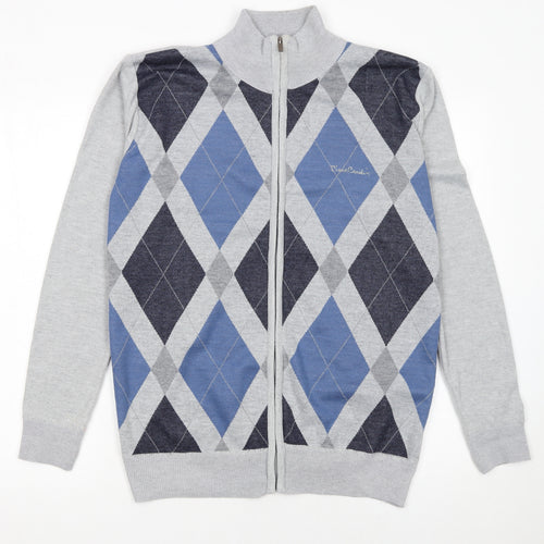 Pierre Cardin Men's Grey Argyle Full Zip Knit Jumper M