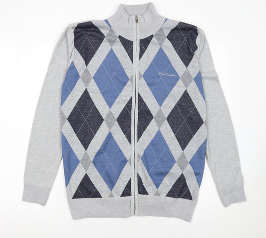 Pierre Cardin Men's Grey Argyle Full Zip Knit Jumper M