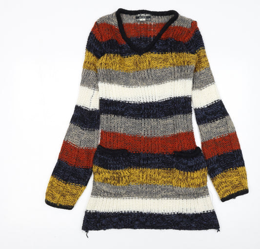 Pilot Women’s Multicoloured Striped V-Neck Chunky Knit Jumper M