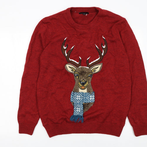 Next Men's Red Christmas Deer Jumper Crew Neck L