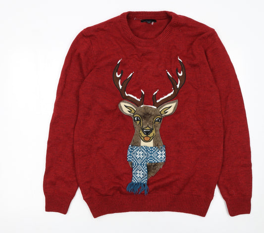 Next Men's Red Christmas Deer Jumper Crew Neck L