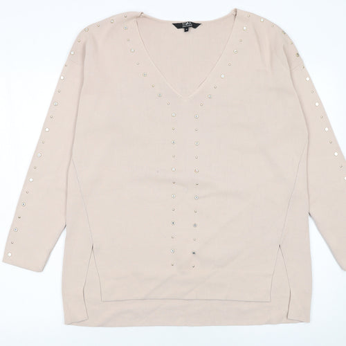 Star by Julien Macdonald Women's Beige Studded V-Neck Jumper Size 14