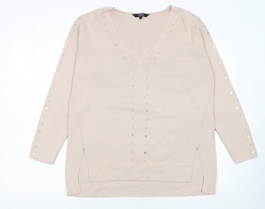 Star by Julien Macdonald Women's Beige Studded V-Neck Jumper Size 14