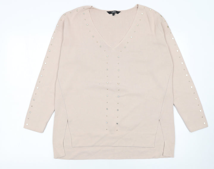 Star by Julien Macdonald Women's Beige Studded V-Neck Jumper Size 14