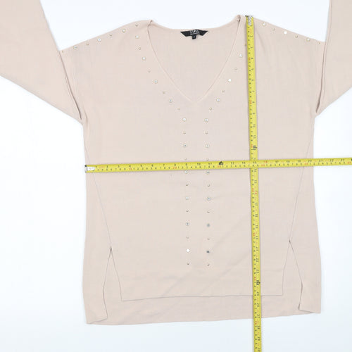Star by Julien Macdonald Women's Beige Studded V-Neck Jumper Size 14