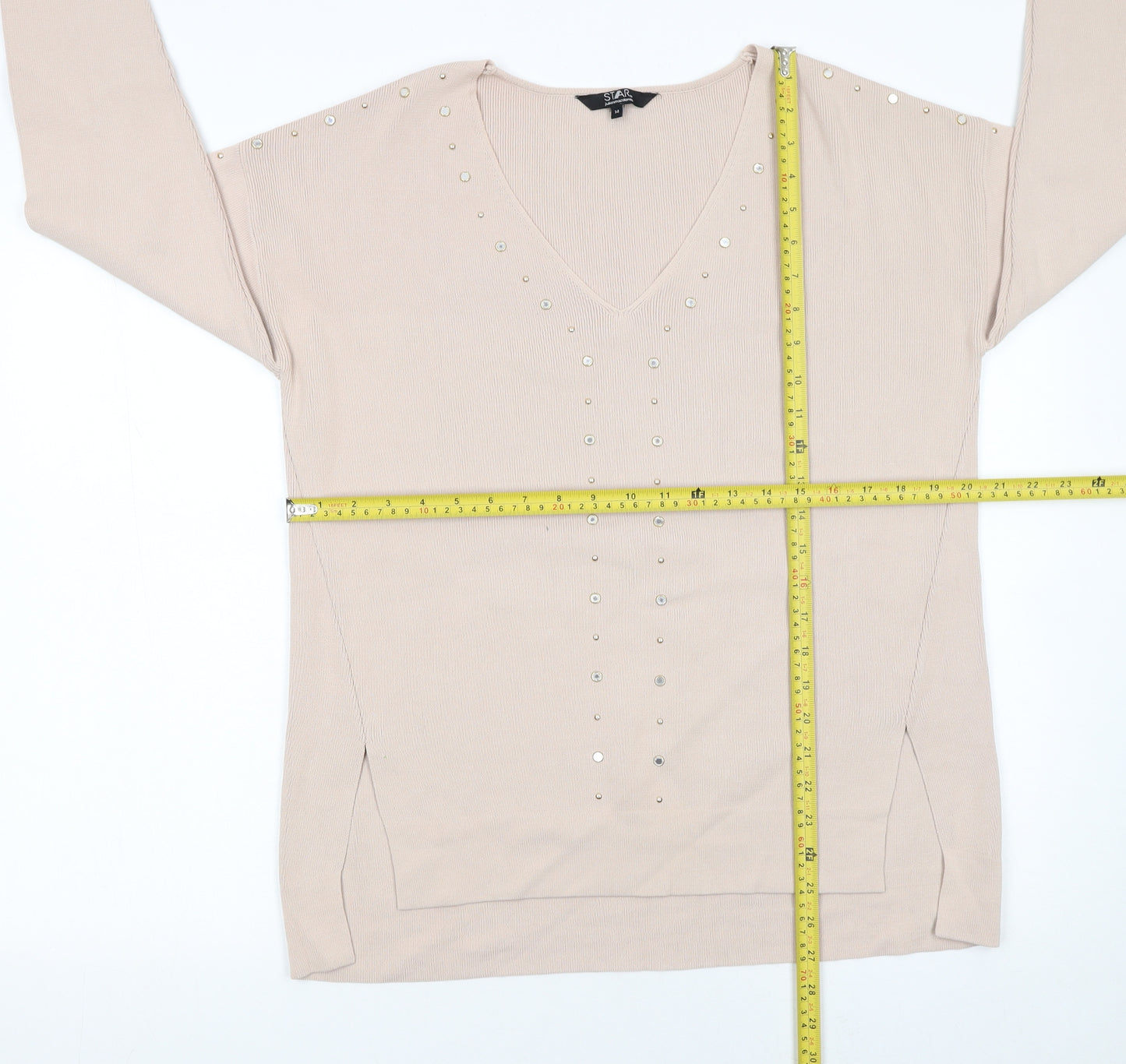 Star by Julien Macdonald Women's Beige Studded V-Neck Jumper Size 14