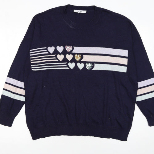 NEXT Women’s Blue Sequin Heart Striped Crew Neck Jumper Size L