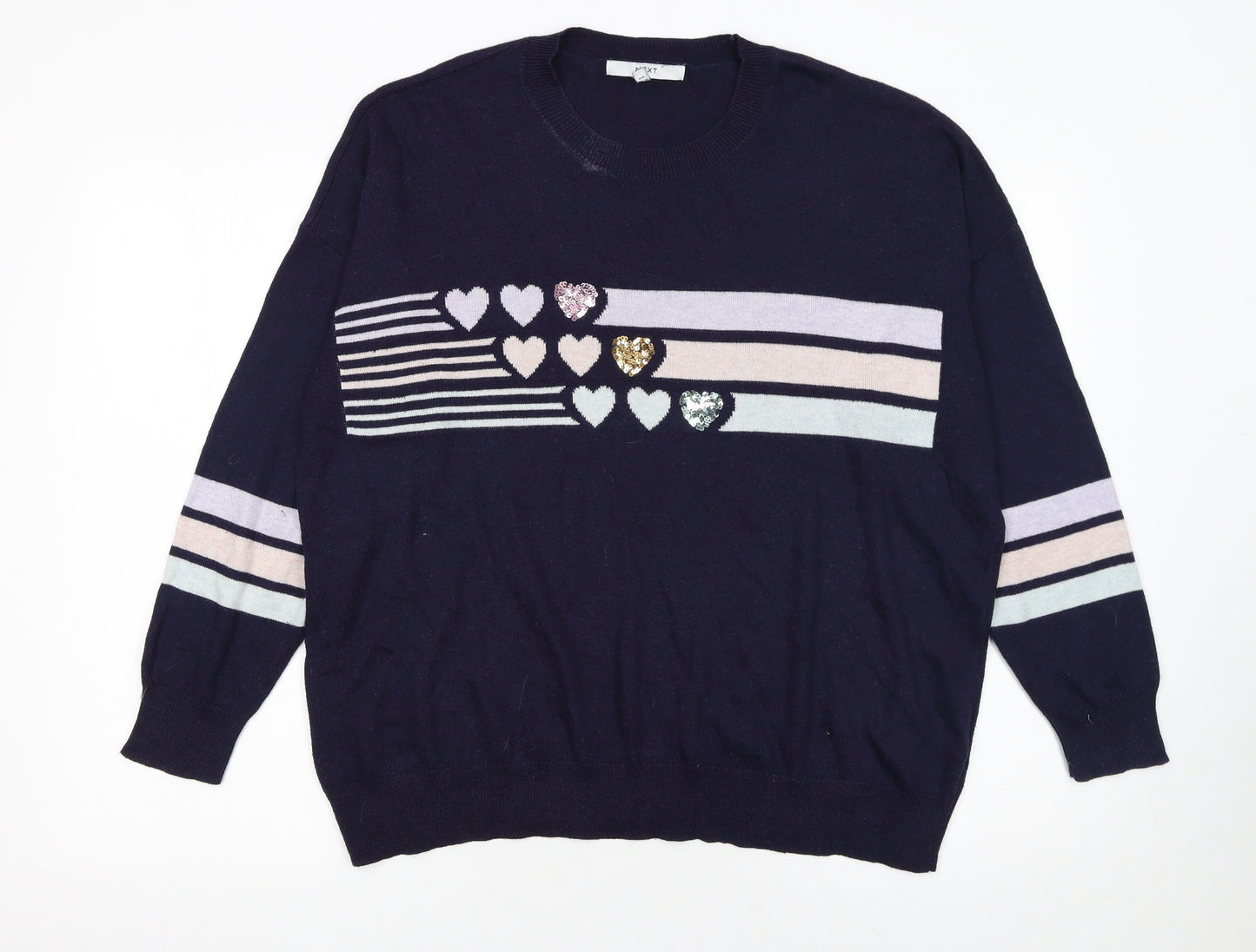 NEXT Women’s Blue Sequin Heart Striped Crew Neck Jumper Size L