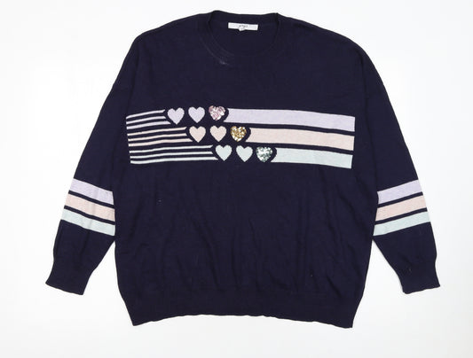 NEXT Women’s Blue Sequin Heart Striped Crew Neck Jumper Size L