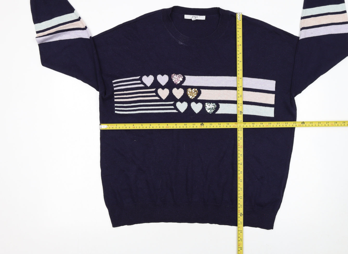 NEXT Women’s Blue Sequin Heart Striped Crew Neck Jumper Size L
