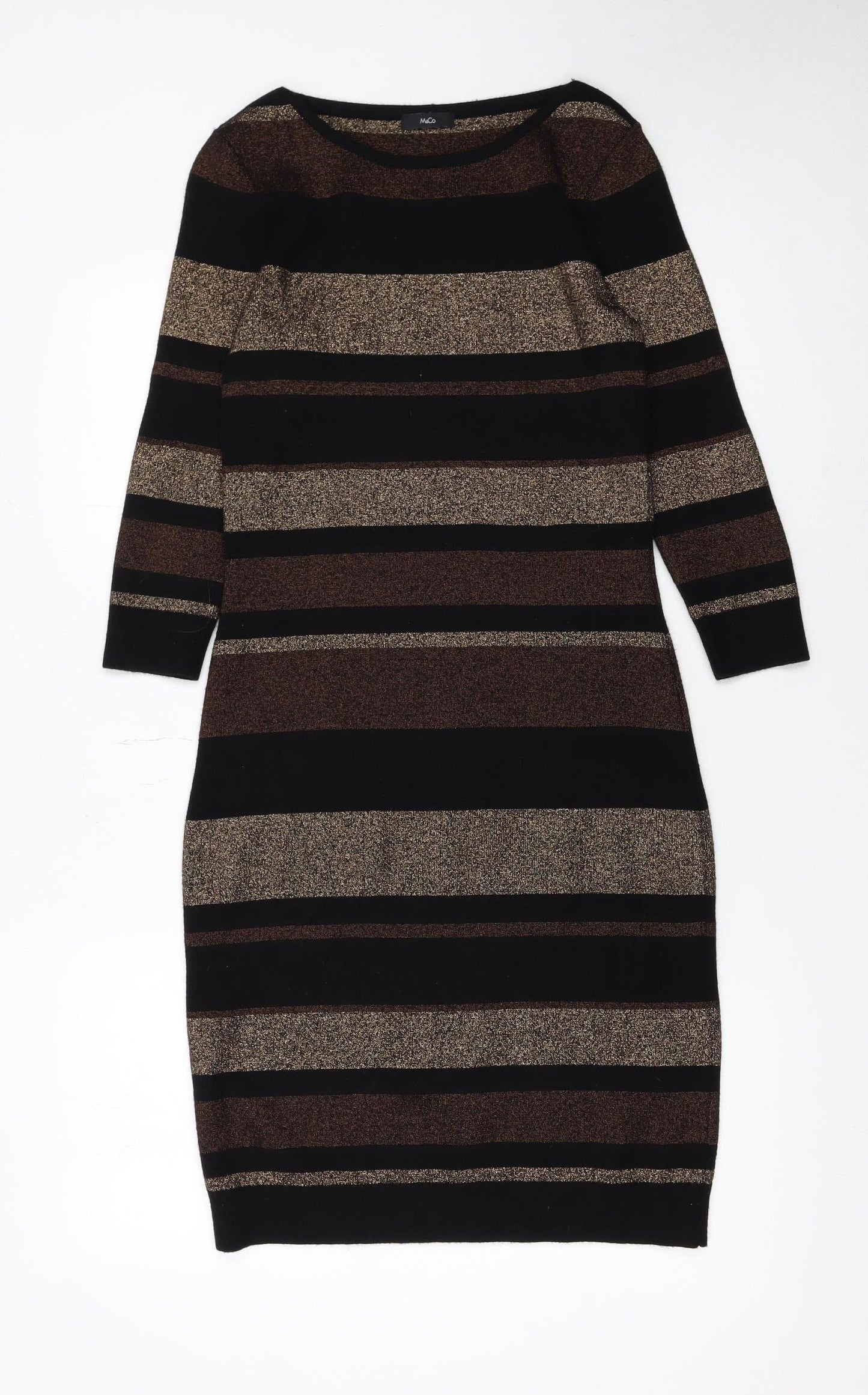 M&Co Women’s Bronze Black Striped Knit Bodycon Dress Size 10