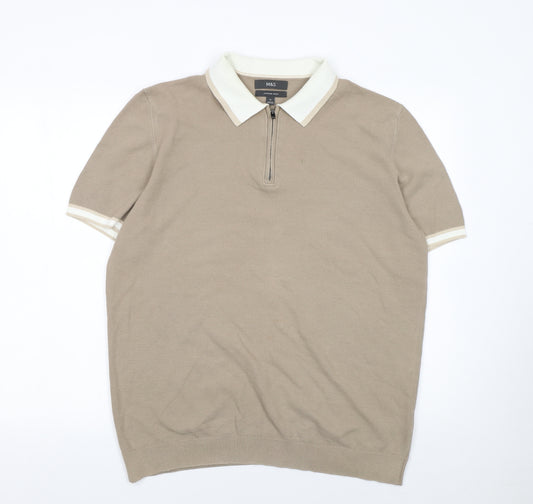 Marks and Spencer Men's Beige Cotton Rich Zip Polo Shirt XL