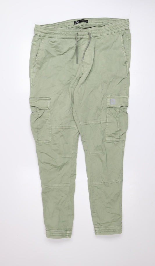 ZARA Men’s Green XL Cargo Trousers Elastic Waist Cotton Blend