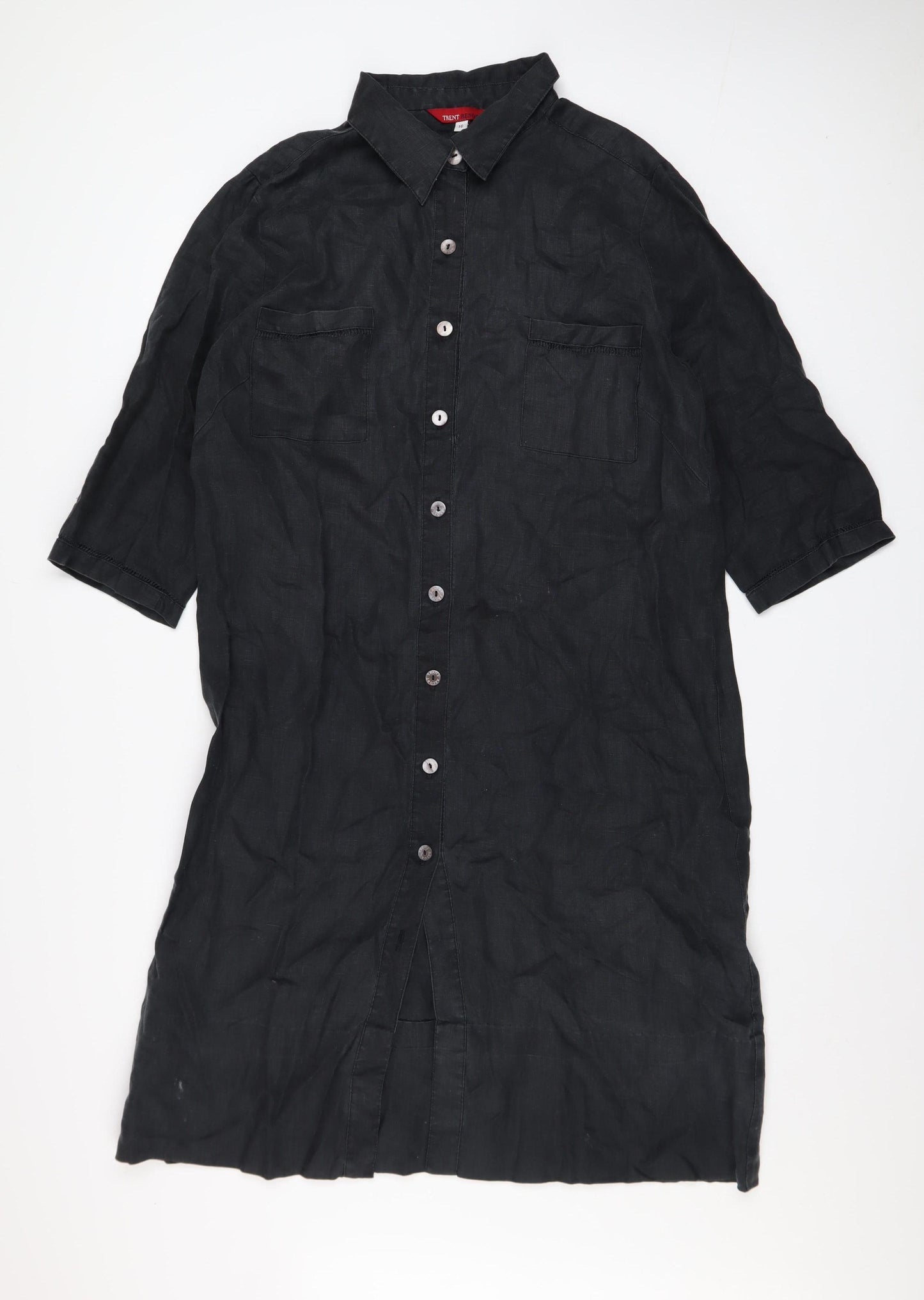 Trent Resort Women Black Linen Shirt Dress Size 16 Collared Knee Length